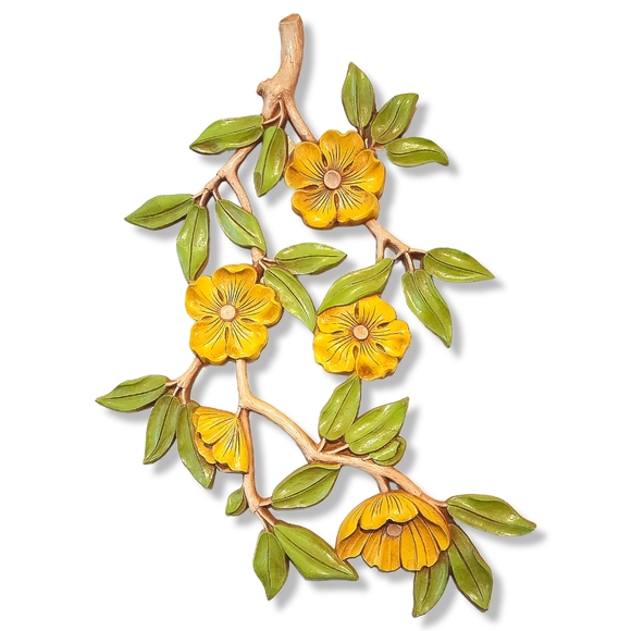 Large Vintage dart Syroco yellow and green cherry blossom wall décor - Picture 3 of 10